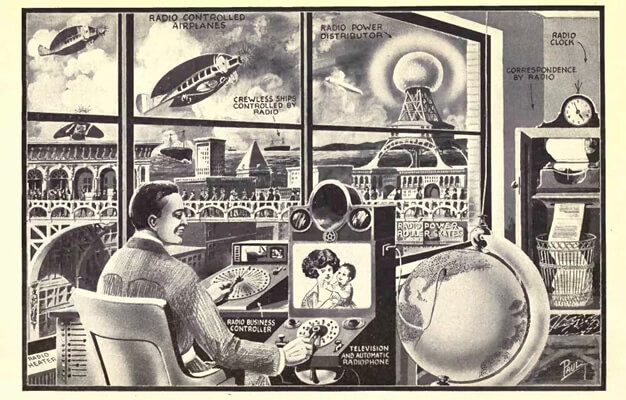 GPS, skype, printer, wifi and drones in the megacity. "Radio for All" by Frank R. Paul (1922)